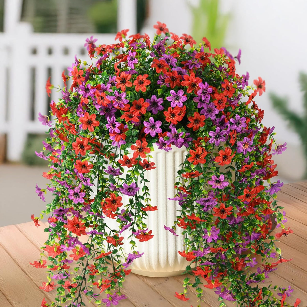 Artificial Hanging Flowers Plants for Outdoor Spring Summer Decoration,2 PCS Faux Silk Daisy with Eucalyptus Leaves,UV Resistant Look Real for Outside Home Planter Porch Patio Balcony Yard Decor