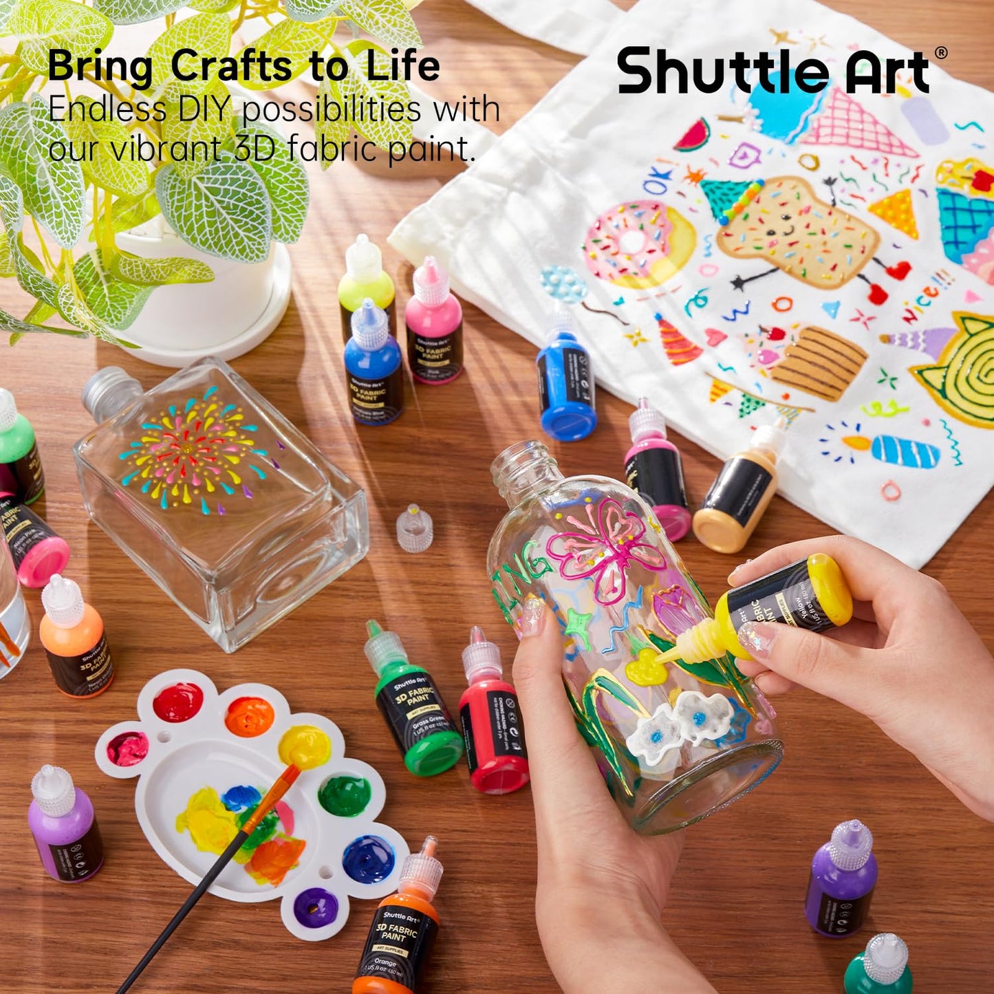Shuttle Art Fabric Paint, 24 Colors 3D Permanent Paint with Brushes Palette Pen Fabric Sheet Stencils, Glow in The Dark, Glitter, Metallic Colors for Textile Fabric T-shirt Jeans Glass
