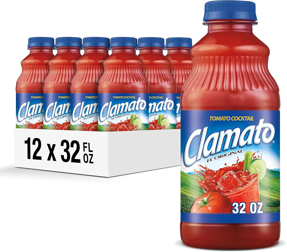 Clamato Original Tomato Cocktail, 32 fl oz bottle (Pack of 12), Flavored With Tomato Juice & Spices, Perfect Mixer for the Authentic Michelada, Bloody Mary Drinks, and Seafood Cocktail