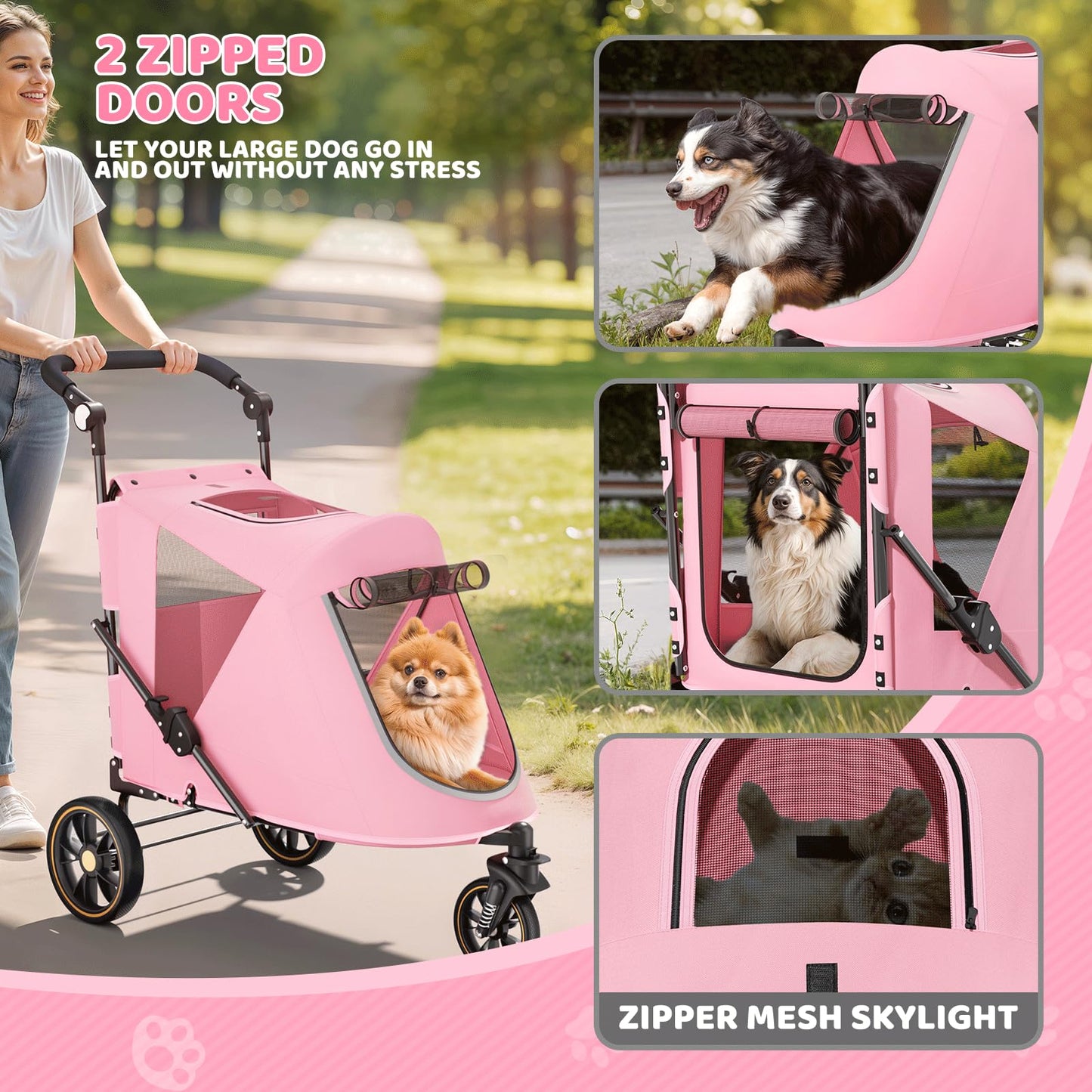 Magshion Pet Stroller for Medium Dogs w/Adjustable Handle, 3-Wheel Dog Cat Wagon w/Dual Entry, Rear Storage, Breathable Mesh, One-Foot Brake, Ideal for Large Pets up to 55 lbs, Pink