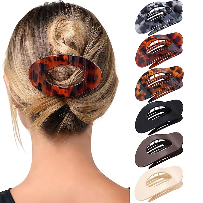 Mesovor 6 Pack Flat Hair Claw Clips, 4.33" Nonslip Large Round Lay Flat Hair Clips | Strong Hold French Flat Hairclips for Lying Down, Yoga, Driving (Tortoise Colorful)