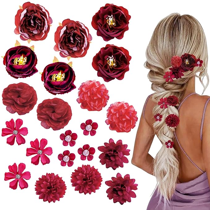 21 PCS Hair Flowers Boho Hair Barrettes Accessories Hawaiian Silk Flower Clips Girls Red Floral Bride Headpiece Festival(Red)