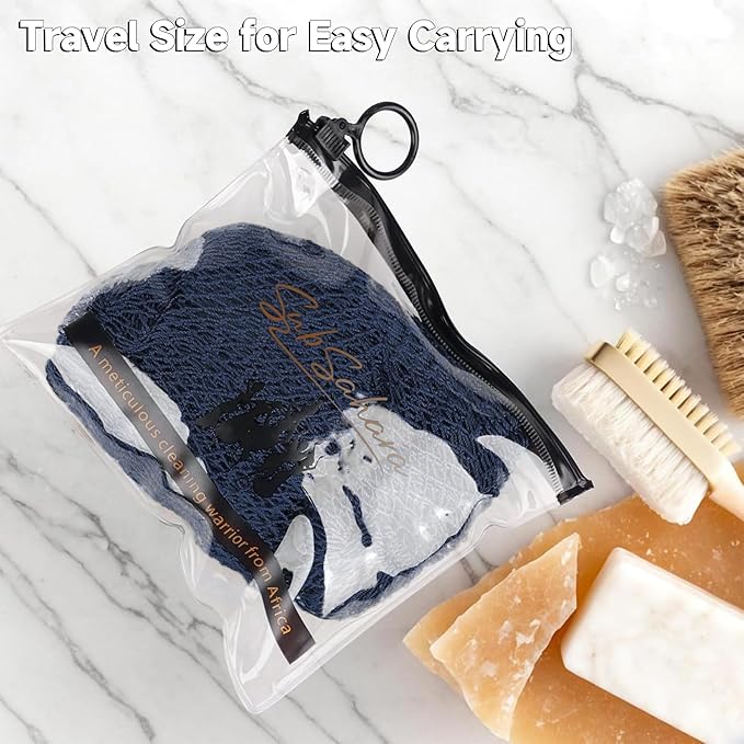 SubSahara Authentic African Net Sponge - 2 Pieces Exfoliating Scrubber for All Skin Types, Bath Sponge for Face & Body, Travel Portable, Durable, Gentle Exfoliation (Navy Blue & Brown)