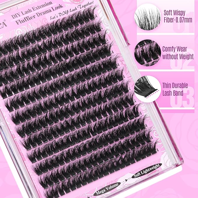 Yawamica 200D Volume Lash Clusters 14mm Eyelash Clusters Fluffy Wispy Cluster Eyelash Extensions D Curl DIY Individual Lashes Extension by Self (14mm Refill Pack)