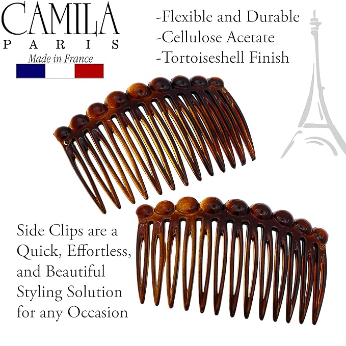 Camila Paris CP33/2 French Hair Side Comb Small Tortoise Shell French Twist Hair Combs Decorative, Strong Hold Hair Clips for Women Bun Chignon Up-Do Styling Girls Hair Accessories, Made in France