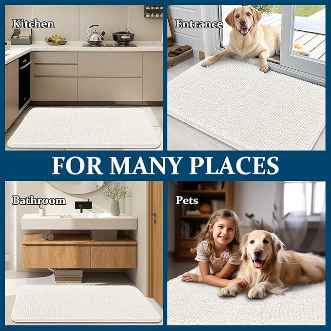 OLANLY Dog Door Mat for Muddy Paws 70x24, Absorbs Moisture and Dirt, Absorbent Non-Slip Washable Doormat, Quick Dry Chenille Mud Mat for Dogs, Entry Indoor Entryway Carpet for Inside Floor, Ivory