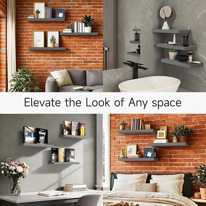 BAYKA Grey Floating Shelves for Wall, Set of 3, Wall Mounted Rustic Wood Shelves for Bathroom, Bedroom, Living Room, Kitchen, Small Hanging Shelf for Books/Storage/Room Decor, 15.7in