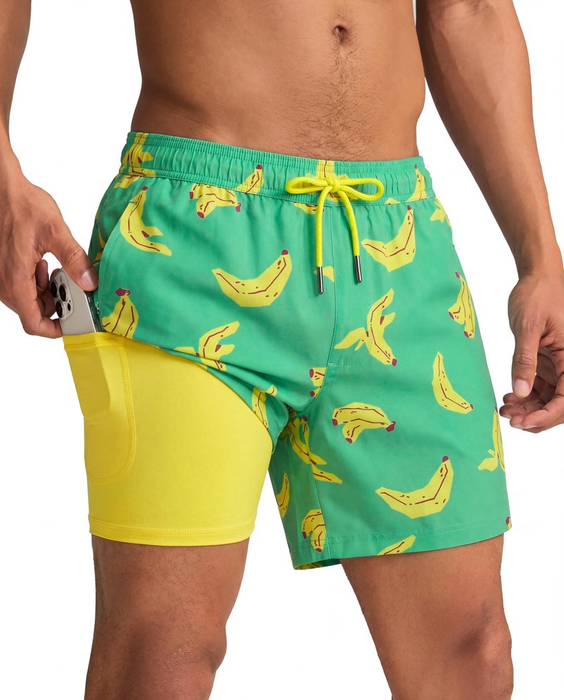 maamgic Mens Swim Trunks with Compression Liner 5 Inch, Quick Dry Bathing Suit with Zipper Pockets, Stretch No-Chafing Swim Shorts, Banana Small