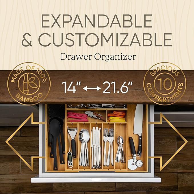 Night Tree 2.5Ã¢ÂÂ Extra Deep Silverware Drawer Organizer with Adjustable Dividers Ã¢ÂÂ Expandable Bamboo Flatware Tray for Kitchen, Reinforced Wood Cutlery Holder (14"-21.6" Wide)