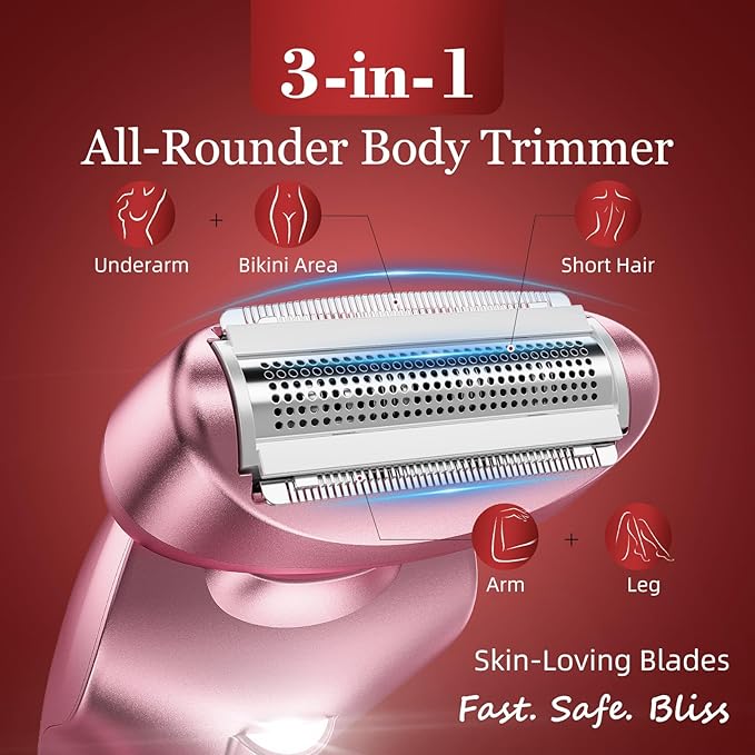 Cordless Electric Razors for Women: Rechargeable Painless Bikini Trimmer for Body Hair - IPX7 Waterproof Shaver with LED Display for Face/Underarm/Leg Soft Pink