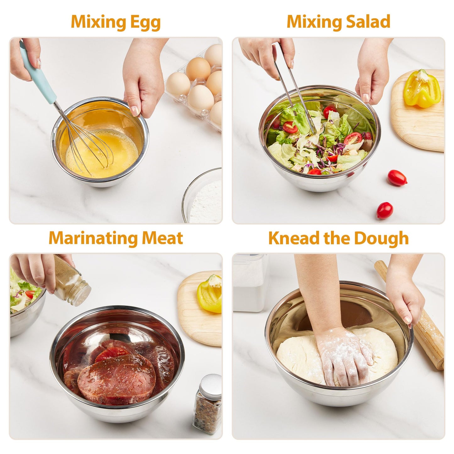 YIHONG 7 Piece Metal Mixing Bowls with Lids for Kitchen, Stainless Steel Set Ideal for Baking, Prepping, Cooking and Serving Food, Nesting Design for Space Saving Storage (Khaki)