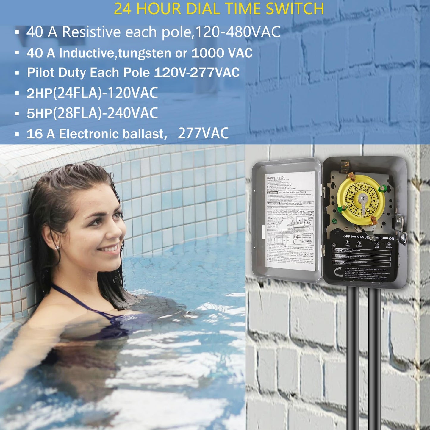 T104M Pool Timer Mechanism Only, Pool Pump Timer, 208-277V 40A Time Switch, 24 Hour 12 ON/Off for Pool Pump, Heavy-Duty Mechanical Time Switches,Time Switch Mechanism Only, 5 Years Warranty