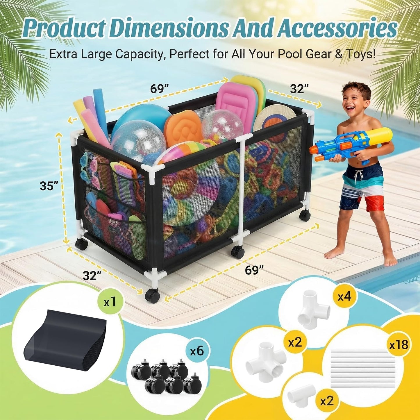 280 Gallon 69" Pool Storage Bin XXL Extra Large Swimming Pool Float Storage Bin, Pool Noodles Holder, Toys, Floats, Balls and Floats Equipment Mesh Rolling Bin for Garden Lawn, 69" Lx32 Wx35 H (Black)