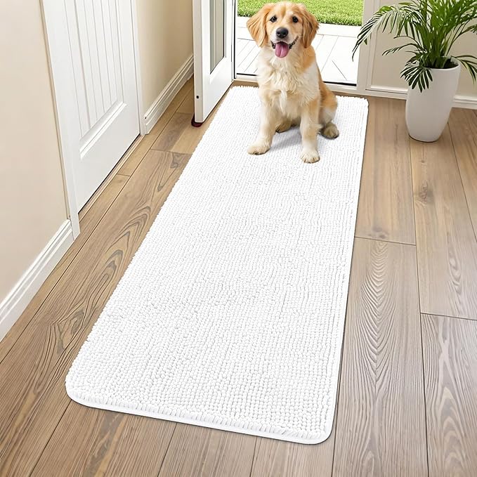 Smiry Dog Door Mat for Muddy Paws 59x24, Absorbs Moisture and Dirt Doormat, Non-Slip Washable Quick Dry Chenille Front Door Mat Indoor Entrance, Entryway Carpet for Inside Floor, White