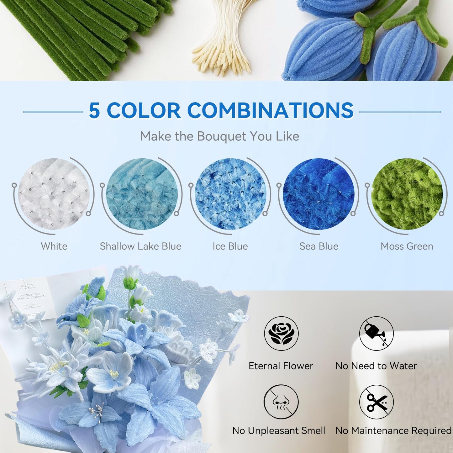 500 Pcs Pipe Cleaners for Crafts – 5 Coloars Chenille Stems with Glue Guns & Tape Measure – Perfect for DIY Projects, Holiday & Room Decorations, Arts and Crafts Activities (Blue, 12in x 8mm)