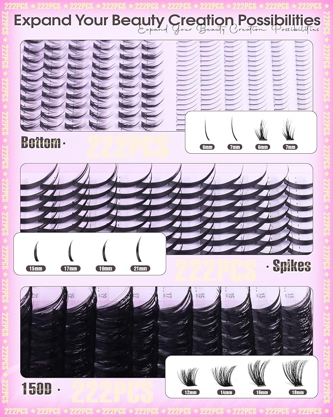 Lash Clusters with Spikes Wispy Cluster Eyelash Extensions with Bottom Lashes D Curl 150D Eyelash Clusters Volume Cluster Lashes 222PCS Fluffy Individual Lashes by Boahankuke
