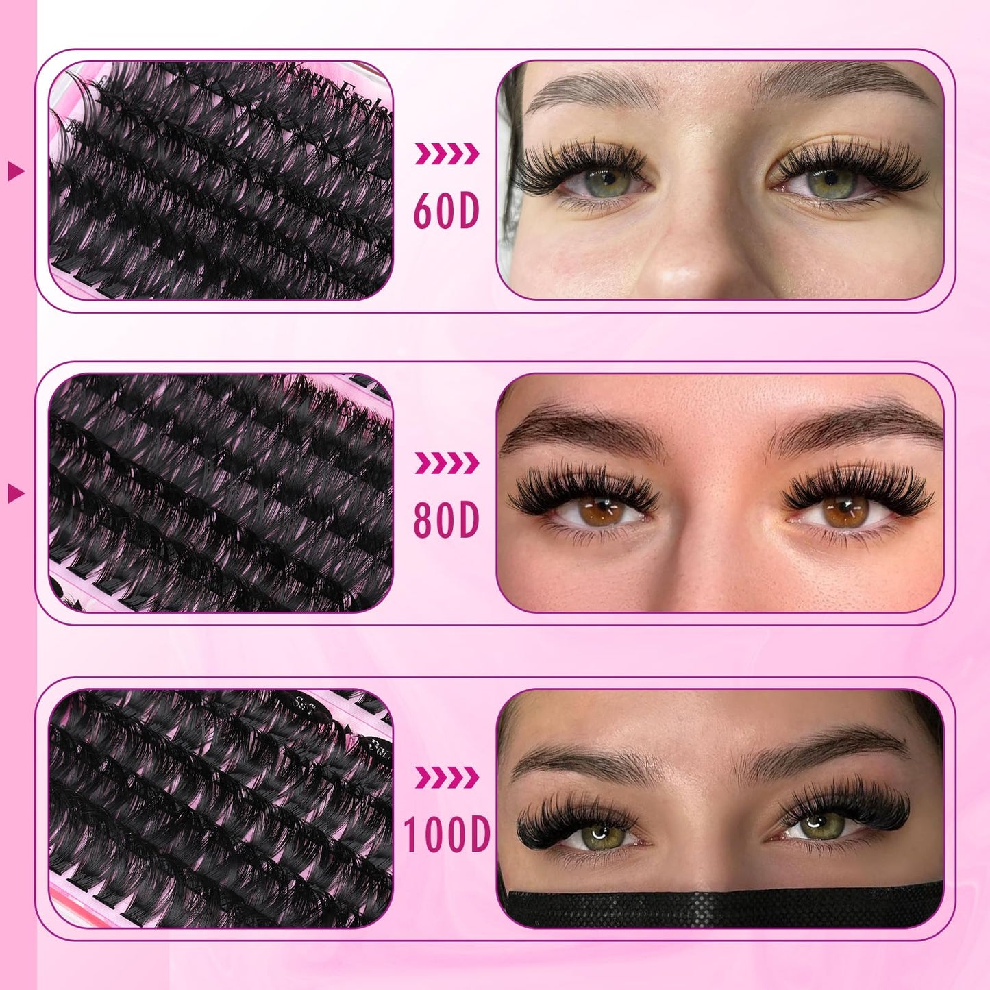 Yawamica Faux Mink Eyelash Extensions Kit, 300pcs 60D+80D+100D Individual Clusters, Black, Cruelty Free, DIY Lash Beginners