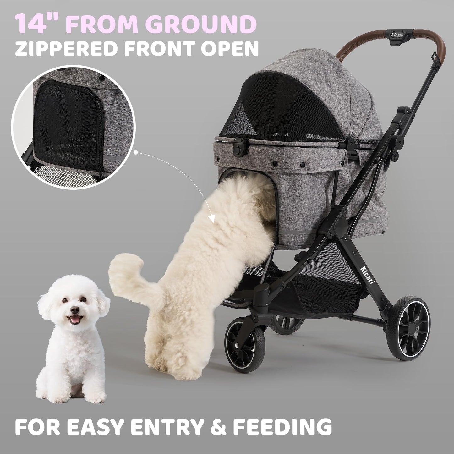 Kicari All-Terrain Dog Stroller for Small to Medium Dogs, Pet Stroller for Dogs & Cats Outdoor Walks, One-Hand Easy Fold, Double-Layer Anti-UV & Waterproof Canopy & Breathable Mesh, Charcoal Gray