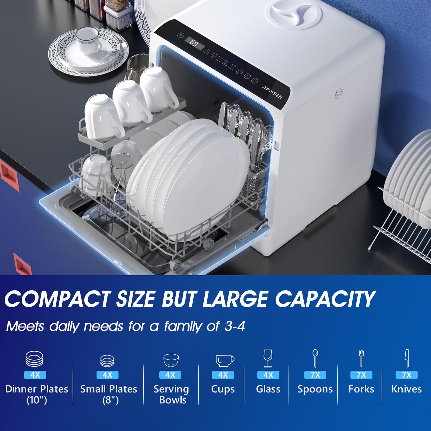 AIRMSEN Portable Countertop Dishwashers, 5 Washing Programs Mini Dishwashers with 1.2 Gal Built-in Water Tank and Double-layered Glass Door, No Hookup Needed for Home, Apartments & RVs