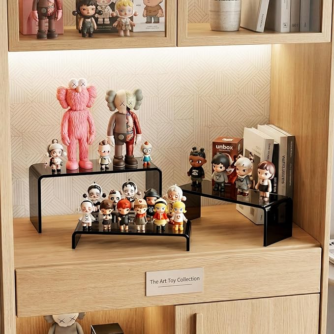 Funfery Acrylic Display Risers, 2 Set(7.8"L~8.2"L~8.6"L) Display Shelf for Figure, Collectibles, Cupcake, Black Acrylic Stands for Dessert, Jewelry, Candy Showcase, 3 Tier Action Figure Stand Holder