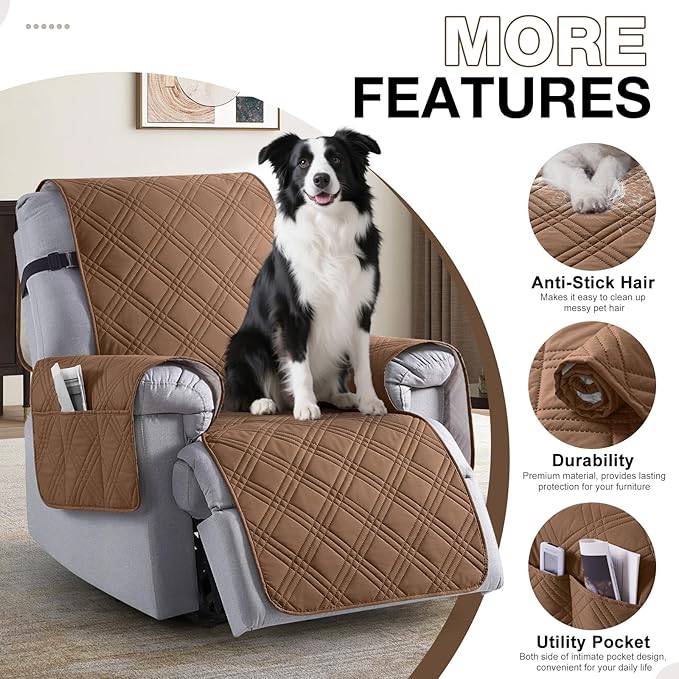 TAOCOCO 100% Waterproof Recliner Chair Cover, Non Slip Recliner Covers for Recliner Chair with Pocket, Washable Reclining Chair Cover Furniture Protector for Kids,Dogs(23.6'', Brown)