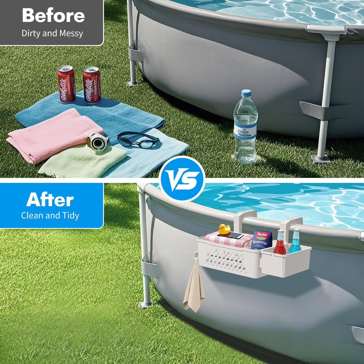 Poolside Storage Basket 2 Pack - Above Ground Pool Accessories, Swimming Pool Storage Baskets with Cup Holders,Fits 3” or Smaller Top Rails,Versatile Organizer for Pool Toys,Towels,Beverages (Beige)