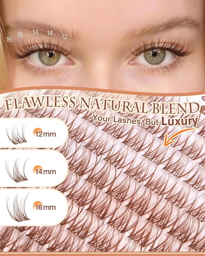 PHKERATA Brown Spider Lash Clusters 12-14-16mm Natural Fluffy Eyelash Clusters, Wispy D Curl Cluster Eyelash Extensions for a Soft Look, DIY Brown Lashes 120pcs