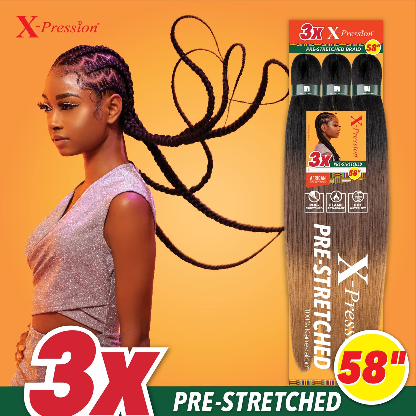 Sensationnel X-pression prestretched braiding hair - 3x braid 58 inch all kanekalon flame retardant synthetic braid for box braids and twists (5 pack, 1B OFFBLACK)