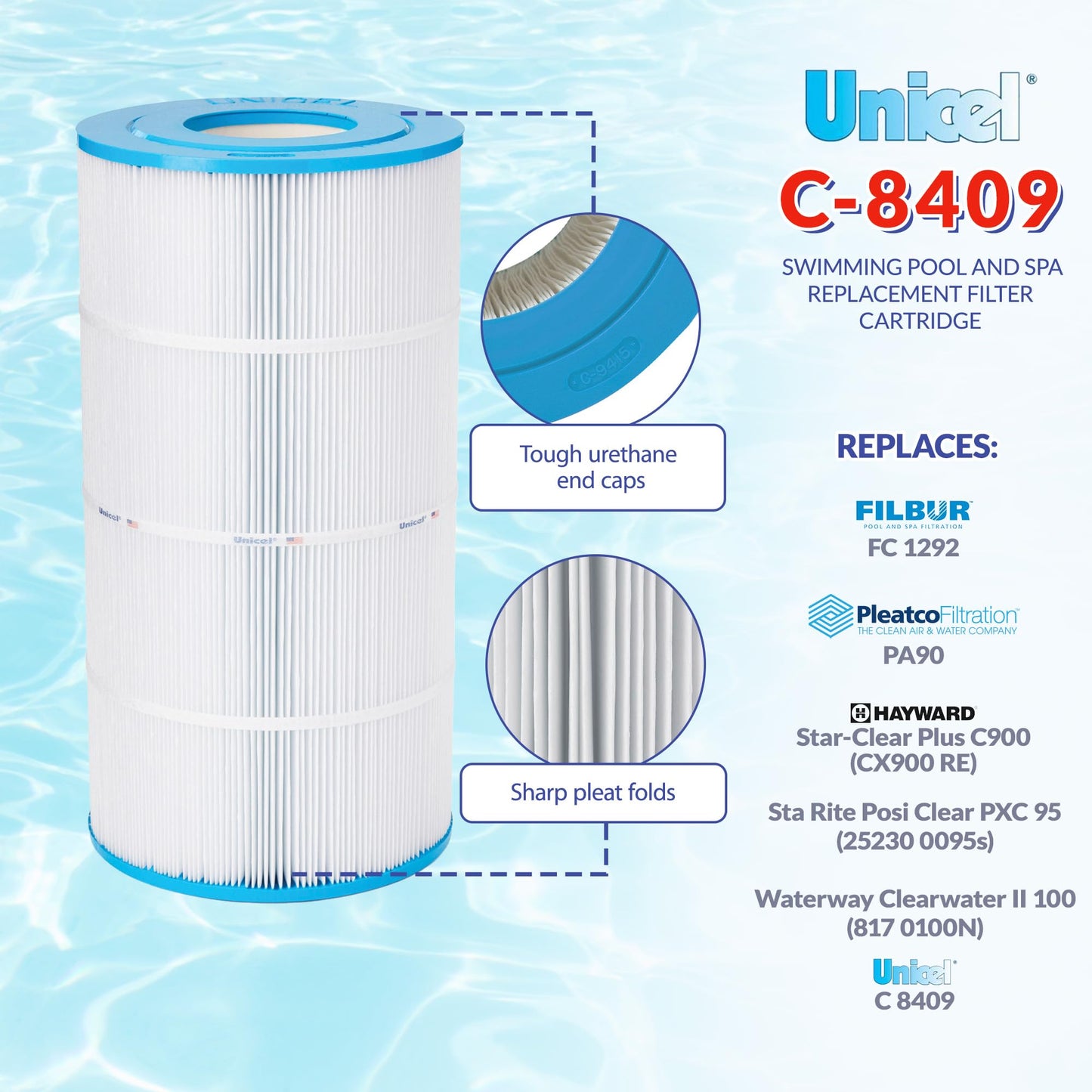 Unicel C-8409 90 Square Foot Media Replacement Pool Filter Cartridge with 174 Pleats, Compatible with Hayward Pool Products, Sta-Rite, and Waterway