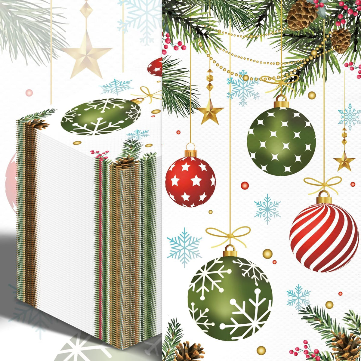 100PCS Christmas Paper Napkins Xmas Hanging Ball Pine Cone Pattern Guest Towel Disposable 3 Ply Tree Ball Hand Napkins for Bathroom Winter Holiday Christmas Cocktail Party Supplies