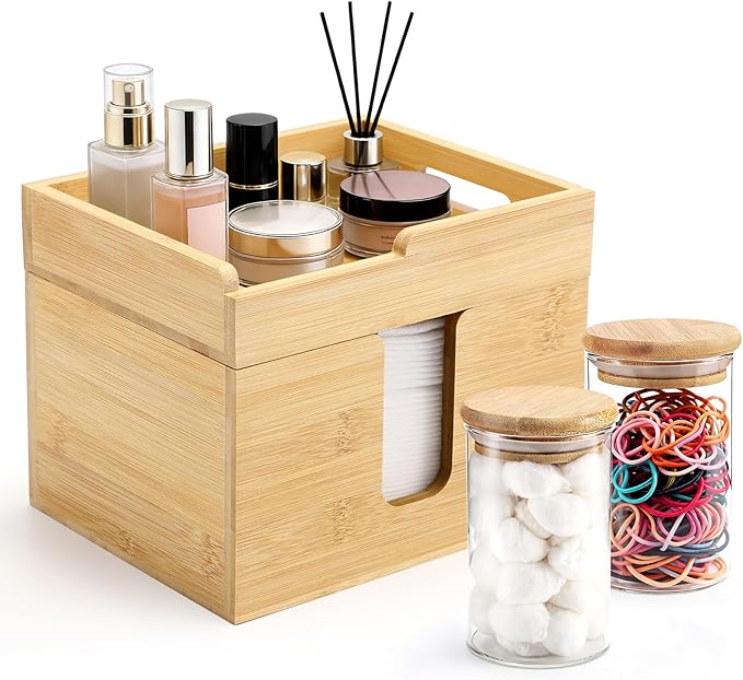 Bamboo Disposable Face Towel Holder with 2 Glass Jars - Open-Top Skincare Organizer for Facial Cleansing Wipes & Beauty Essentials - Bathroom Countertop Vanity Organizer