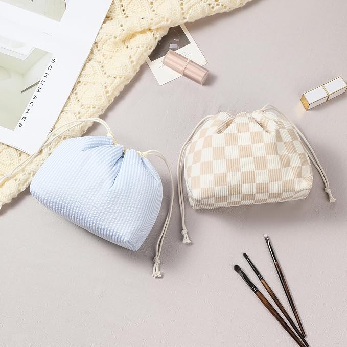 Cotton Quilted Drawstring Makeup Bag with Canvas Lining,Coquette Aesthetic Cute Travel Toiletry Bag,Drawstring Gift Bag for Women and Girls（19 Beige Checker）