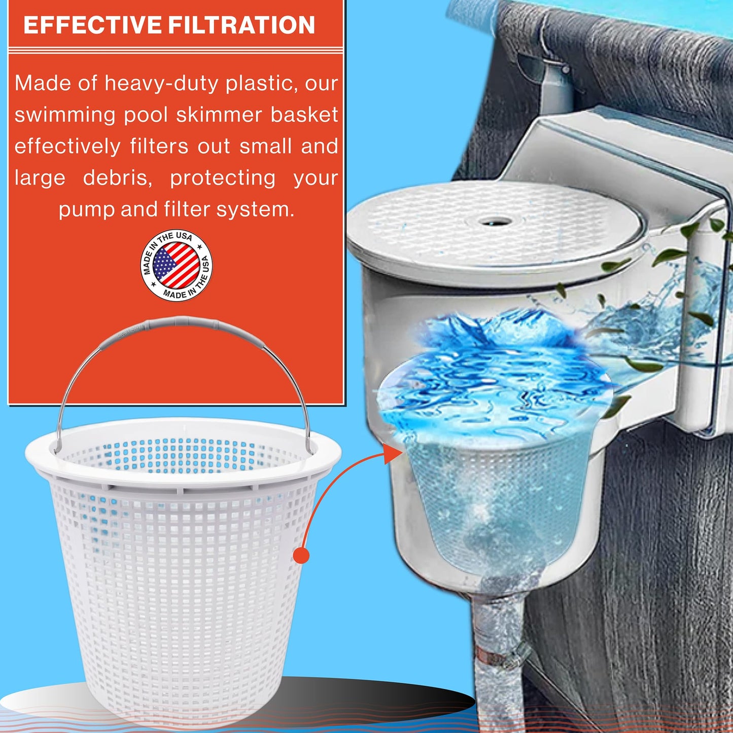 Swimables 8 Inch Skimmer Basket Compatible with Pentair Skimmer Basket 85014500 and S200 Pentair Pool Skimmer Basket | Built-in Brass Weight | 316 Stainless Steel Handle & Convenient Rubber Grip
