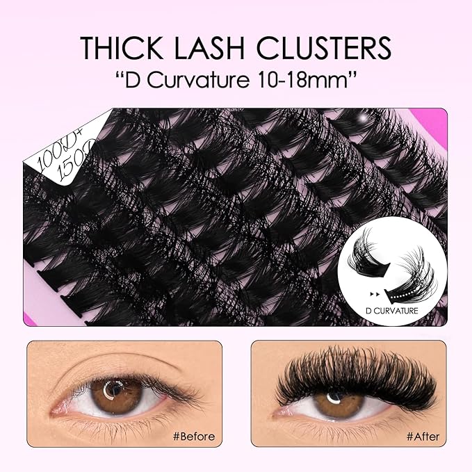 SOFENIDA Lash Clusters Kit Eyelash Clusters 100D+150D Thick Volume Cluster Eyelash Extensions D Curvature Cluster Lashes 10-18mm Wispy DIY Lash Extension Kit(100D+150D-10-18MIX Thick Kit)