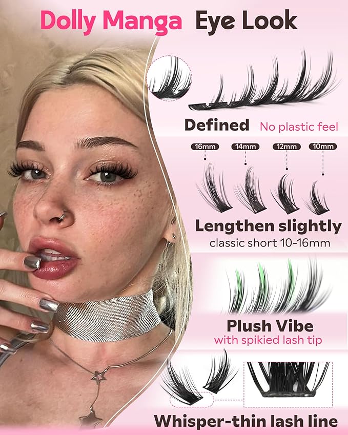 Fluffy Manga Lash Clusters Kit, Natural Wispy Cluster Eyelash Extensions, DIY Lash Extension at Home For Dolly Anime Look, Fairy Individual Lashes Kit with Waterproof Bond and Seal