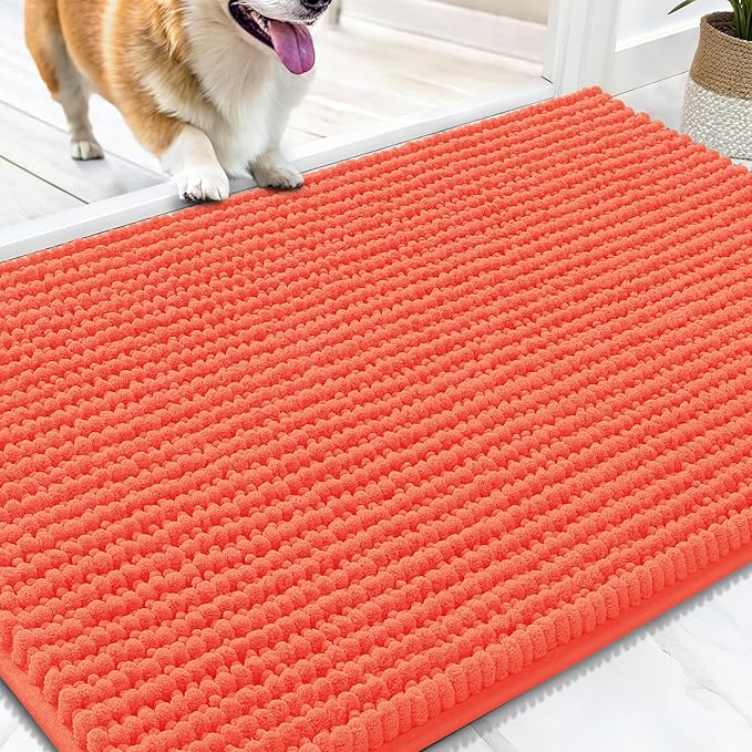 OLANLY Dog Door Mat for Muddy Paws 30x20, Ultra Absorbent Chenille Mud Doormat, Non-Slip Washable and Dirt Trapping Doormat for Indoor Entryway, Quick-Dry Indoor Pet Bed Mats for Dogs, Coral
