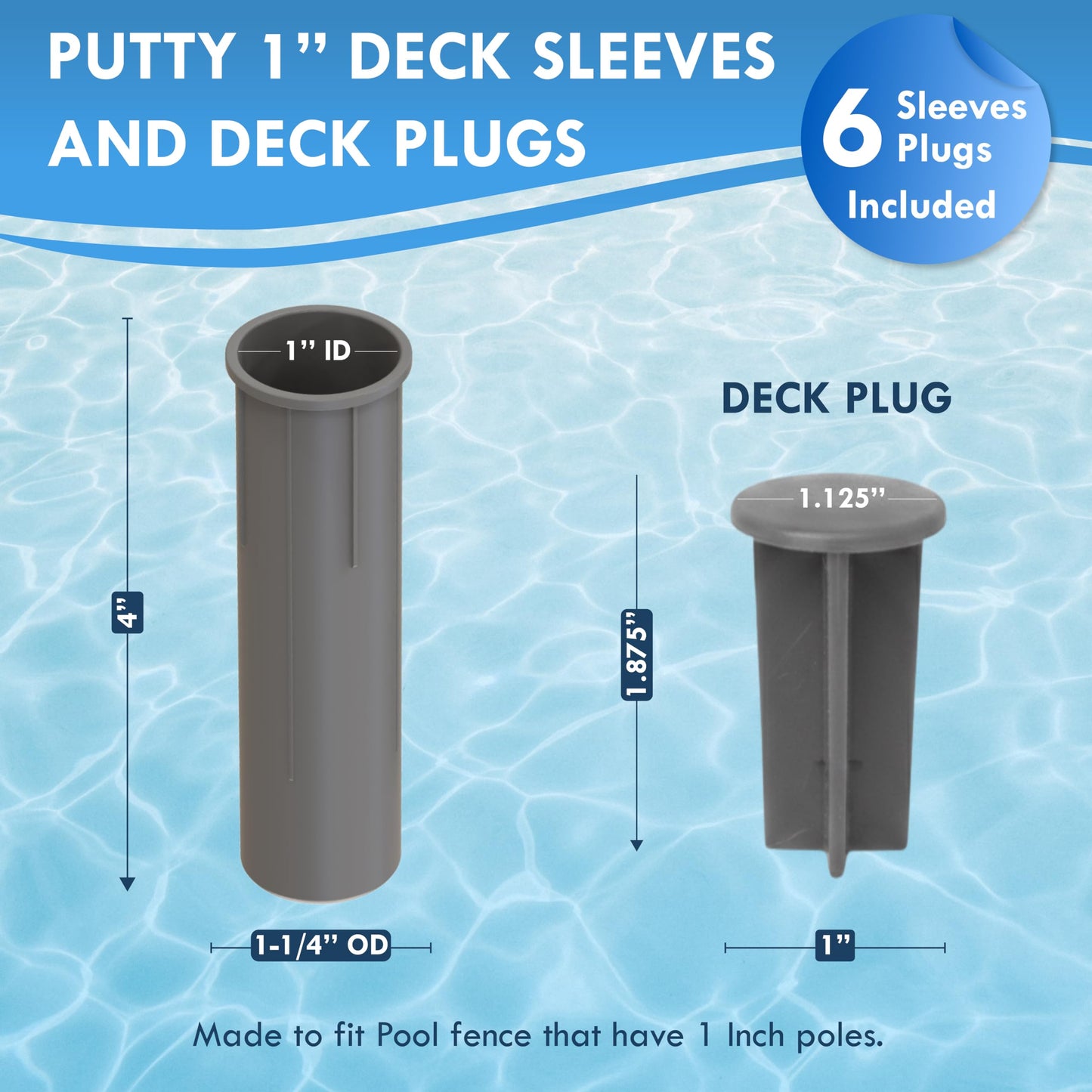 Pool Fence Deck Sleeves & Hole Caps - Putty 6 Pack - 1 Inch Pole Fencing, Inserts with Plugs, Universal Fit for DIY Safety Fence,