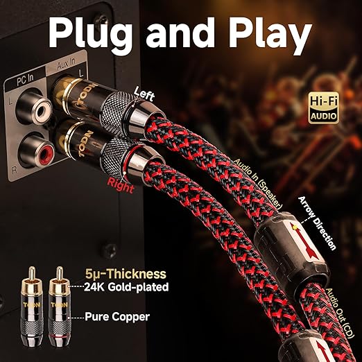 TODN Shielded RCA Audio Cables Audiophile Male to Male OFC RCA Stereo Cable for Car Audio, HiFi Systems (9.8ft/3m, 1 Pair)