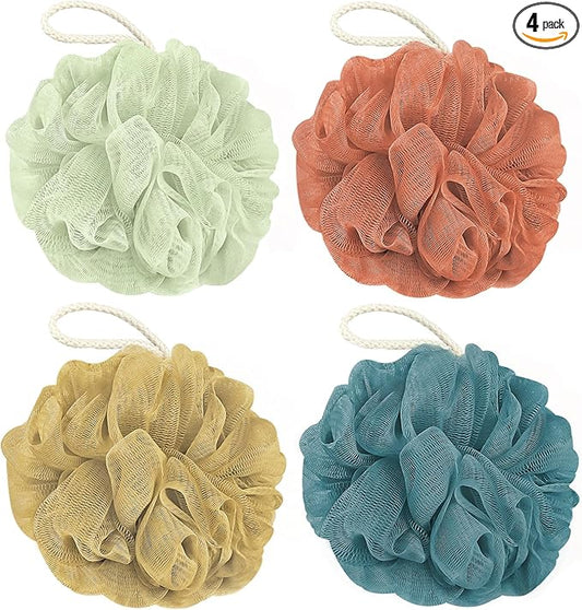 Rnoafmu Shower Loofah Bath Sponge, 60G Loofah Exfoliating Body Scrubber, 4 Color Mesh Shower Pouf Balls for Body Wash (Yellow Red Green Blue)