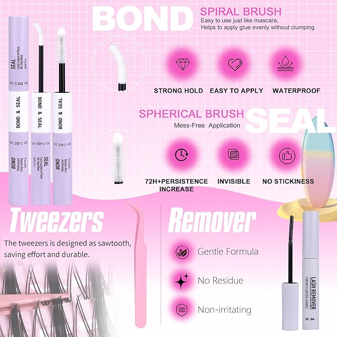 Geeneiya Manga Lashes Clusters Kit DIY Lash Extension, 8-18MM Invisible Lash Clusters, Soft Band Cluster Eyelash Extensions Kit with Waterproof Lash Bond and Seal, Lash Remover, Tweezers for Beginners
