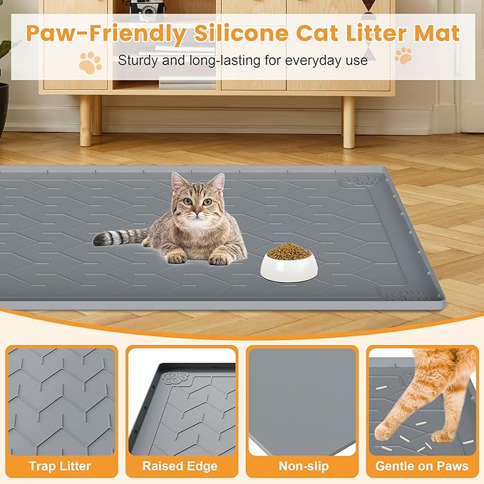 Cat Litter Mat, Extra Large 40"x28" Silicone Mat for Litter Box, Waterproof & Non-Slip Rubber Mat with Lip, Litter Trapping & Scatter Control, Soft on Cat Paws, Urine-Proof Floor Protector