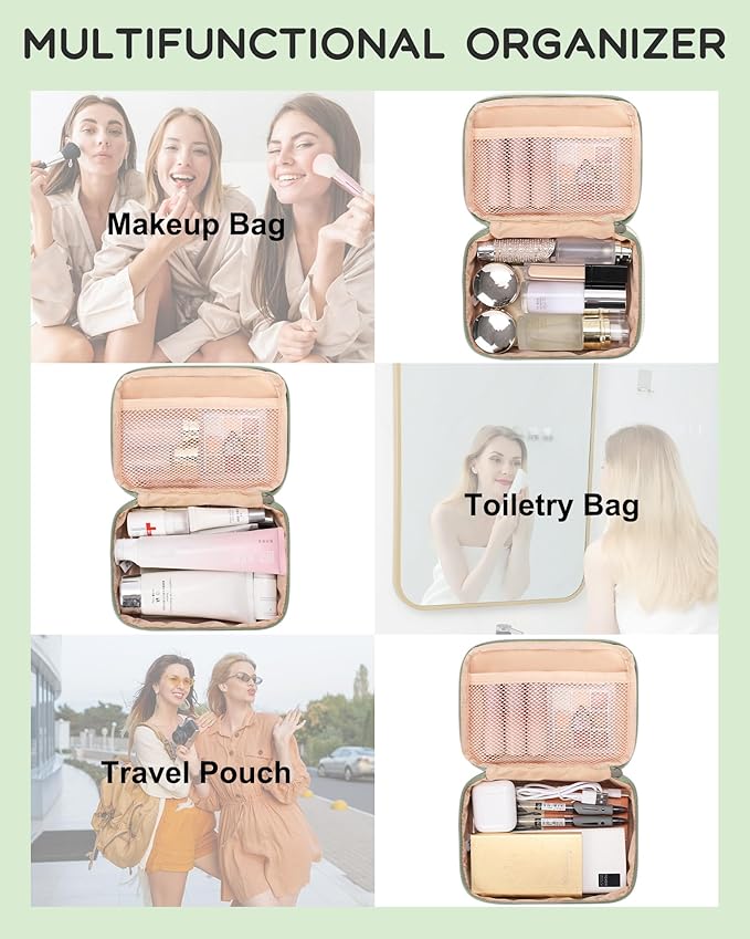 Relavel Travel Makeup Bag, Cosmetic Bag for Girls with 2 Makeup Brush Holders, Portable Makeup Pouch for Women, Cute Toiletry Bag with Double Layer Organizer - Green