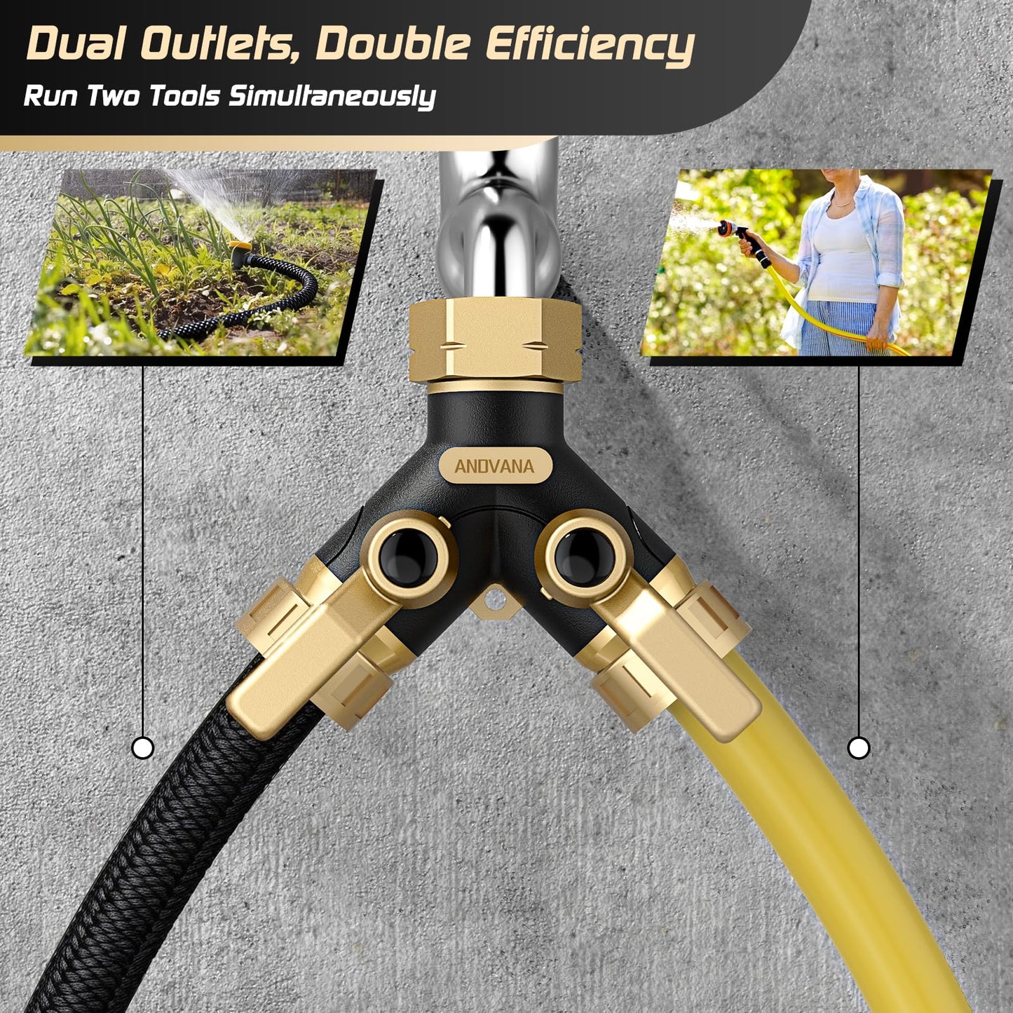 Hose Splitter 2 Way Heavy Duty, Garden Hose Splitter- Full Metal Body Y Type with Dual Shut Off Valves, 3/4" Standard Threads, Leak-Proof Dual Outlet Splitter for Sprinklers and Irrigation Systems