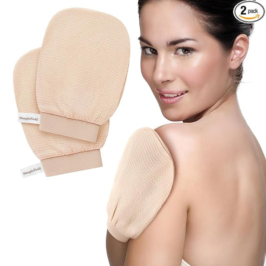SimpleField Korean Exfoliating Mitt for Remove Dead Skin. 2 Pack 100% Viscose Kessa Deep Exfoliating Gloves for Body Scrub, Keratosis Pilaris & Self Tanning Removal. Smooth Skin Surface. (Muted Peach)