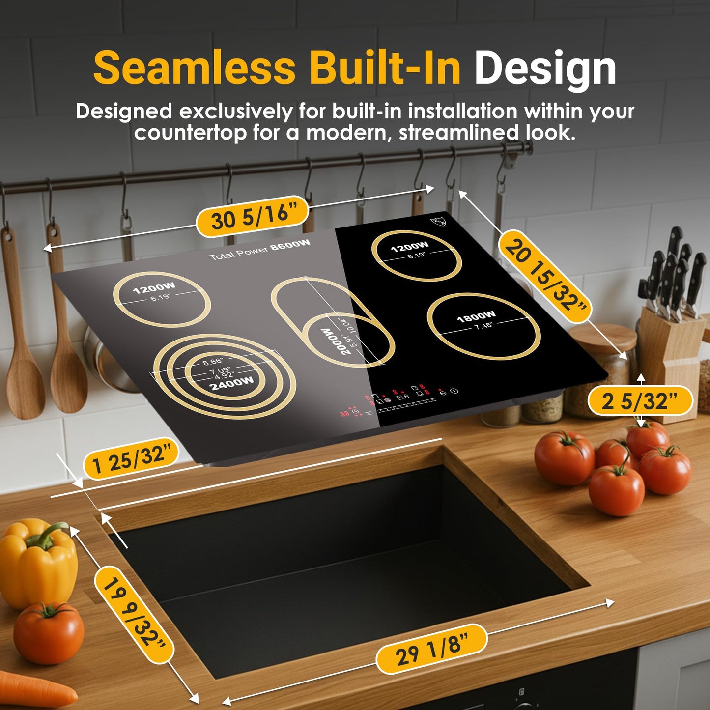 K&H 5 Burner Electric Cooktop - 30 Inch Built-In Radiant Ceramic Stove Top - 9 Power Levels & Touch Control, Compatible with All Cookware, 240V, 8600W High-Power Built-in Electric Stove, CE30-8608