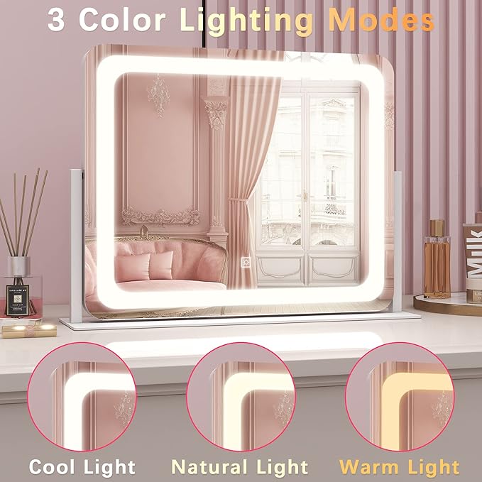 ROLOVE 22x17 Inch Lighted Vanity Mirror with Dimmable LED Lights - 3 Color Modes, Smart Touch Control & 360° Rotating Base - Desk Makeup Mirror (White)