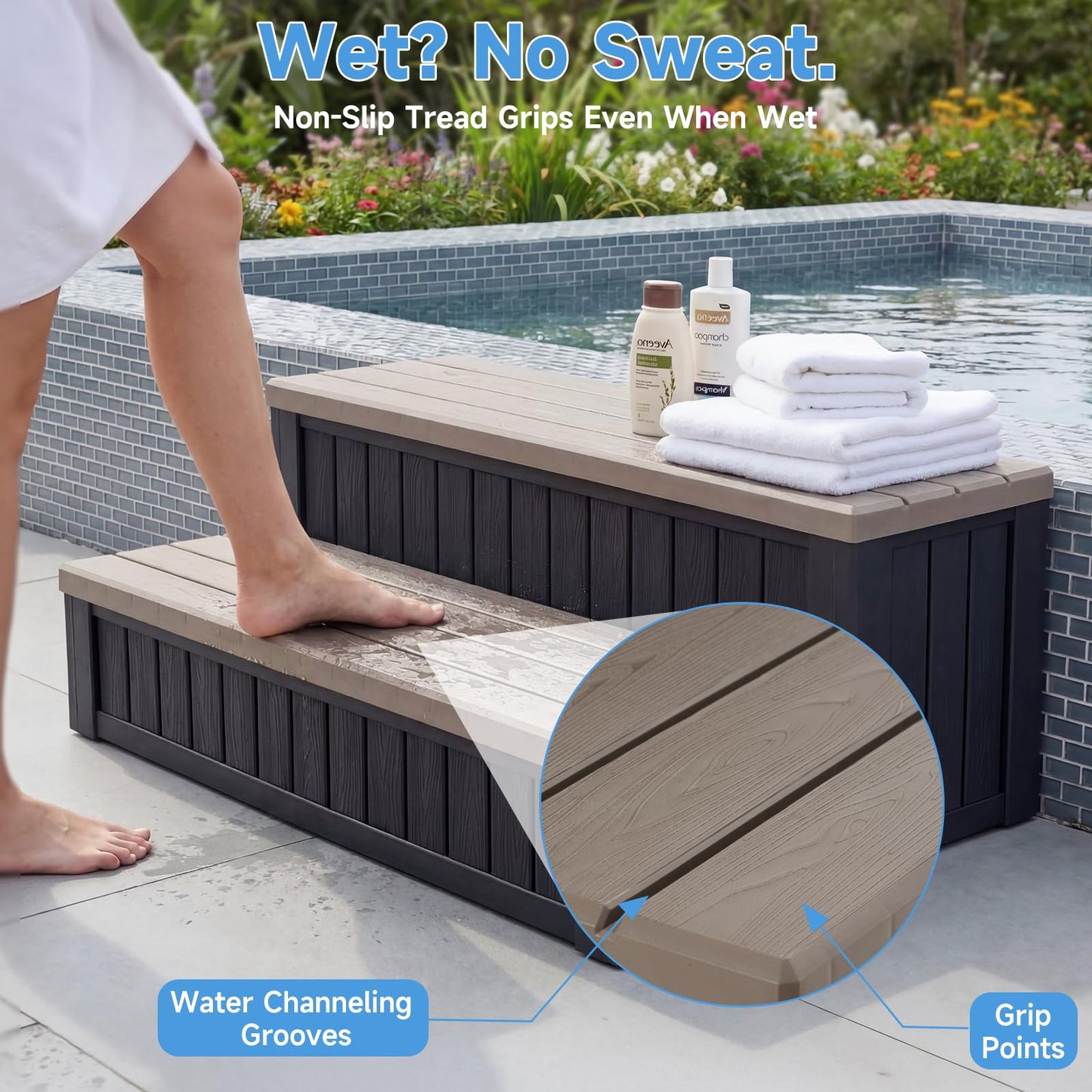36.6” Hot Tub Steps with Storage, 780 lbs Load Capacity Heavy Duty Outdoor Spa Steps with No-Screw Snap Assembly, Non-Slip Universal Hot Tub Stairs for Spa, Pool, Patio, RV, Porch & Indoor Use, Coffee