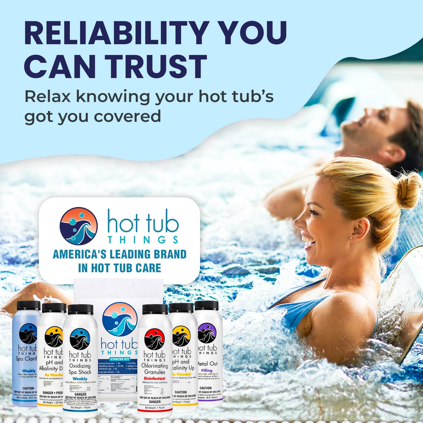 Hot Tub Things - Chlorine Starter Kit - Hot Tub Chemicals Kit for Spa & Jacuzzi Maintenance, Pool Shock, Chlorine Granules, Test Strips, Alkalinity Up & Down, Clarifier, Metal Out, Oxidizer - 1 lb