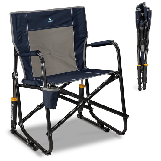GCI Outdoor Freestyle Rocker Camping Chair | Portable Folding Rocking Chair with Solid, Durable Armrests, Drink Holder & Comfortable Backrest â Indigo Blue