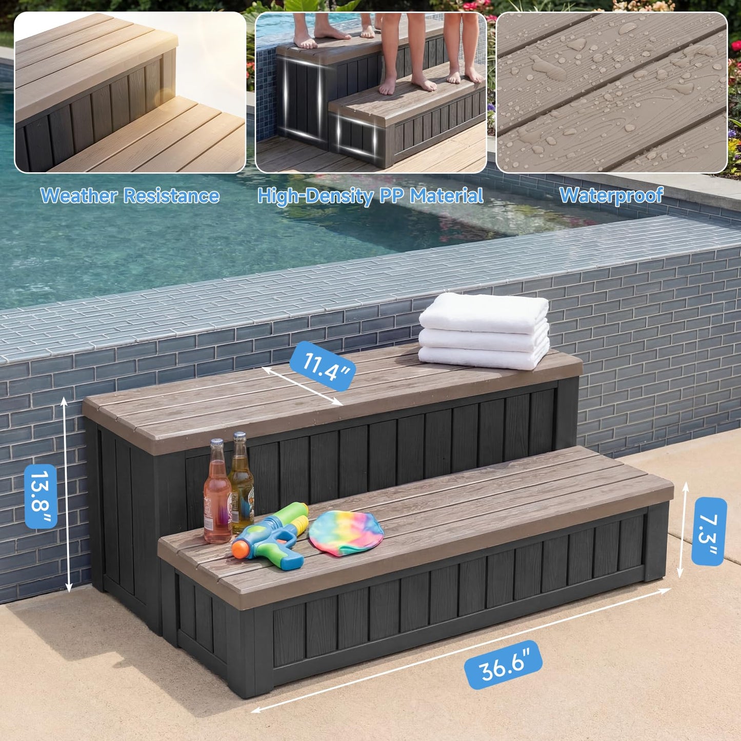 36.6” Hot Tub Steps with Storage, 780 lbs Load Capacity Heavy Duty Outdoor Spa Steps with No-Screw Snap Assembly, Non-Slip Universal Hot Tub Stairs for Spa, Pool, Patio, RV, Porch & Indoor Use, Coffee